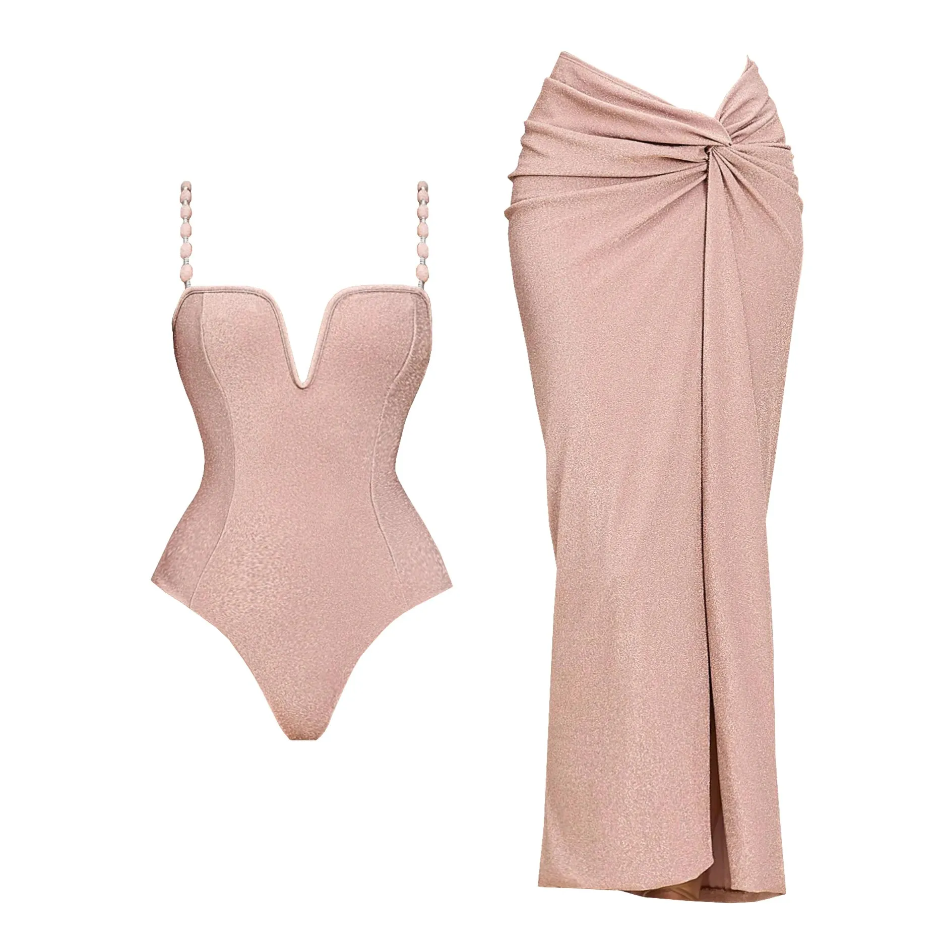 3Pcs Push Up Swimsuit With Long Skirt Sexy Women Swimwear Female Bikini V Neck Swimming Suit Shiny Bodysuit Beachwear Cover Up