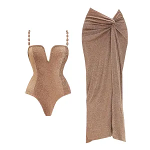 3Pcs Push Up Swimsuit With Long Skirt Sexy Women Swimwear Female Bikini V Neck Swimming Suit Shiny Bodysuit Beachwear Cover Up