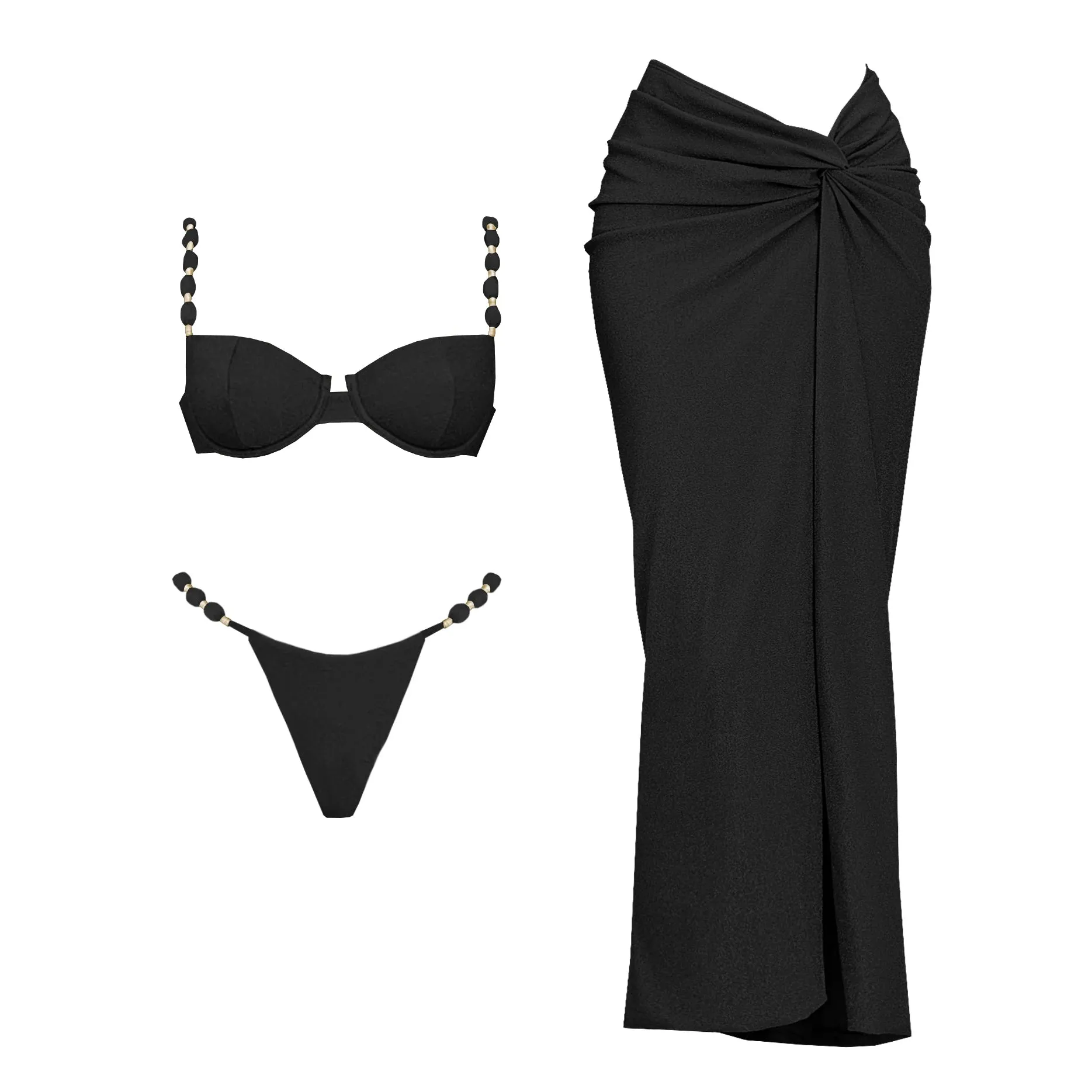 3Pcs Push Up Swimsuit With Long Skirt Sexy Women Swimwear Female Bikini V Neck Swimming Suit Shiny Bodysuit Beachwear Cover Up