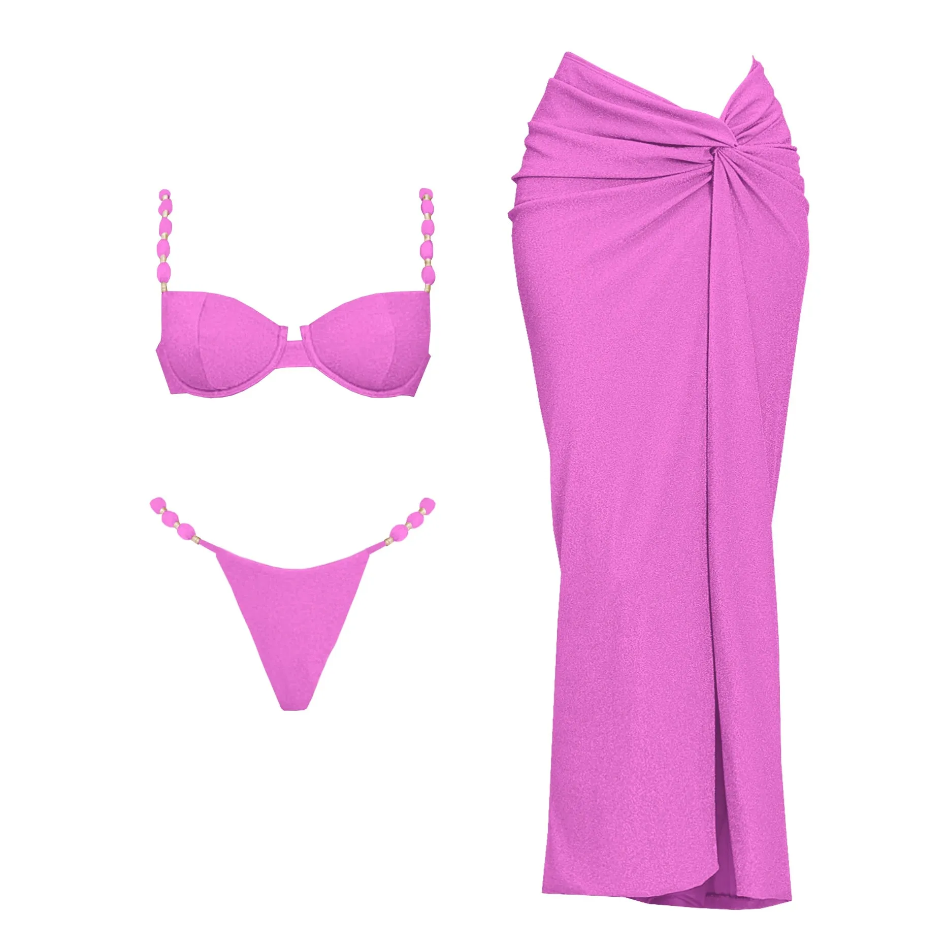 3Pcs Push Up Swimsuit With Long Skirt Sexy Women Swimwear Female Bikini V Neck Swimming Suit Shiny Bodysuit Beachwear Cover Up