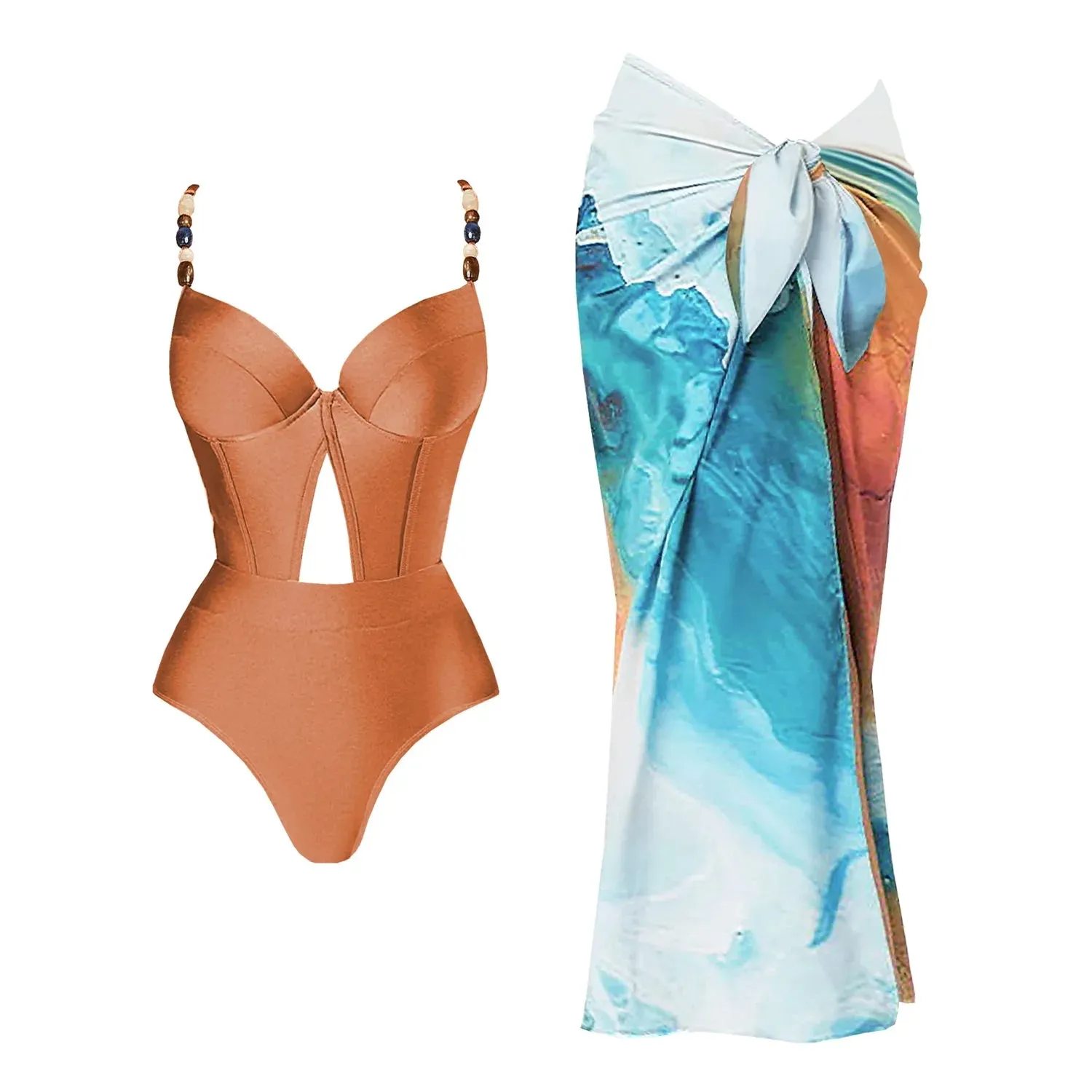 3Pcs Push Up Swimsuit With Long Skirt Sexy Women Swimwear Female Bikini V Neck Swimming Suit Shiny Bodysuit Beachwear Cover Up