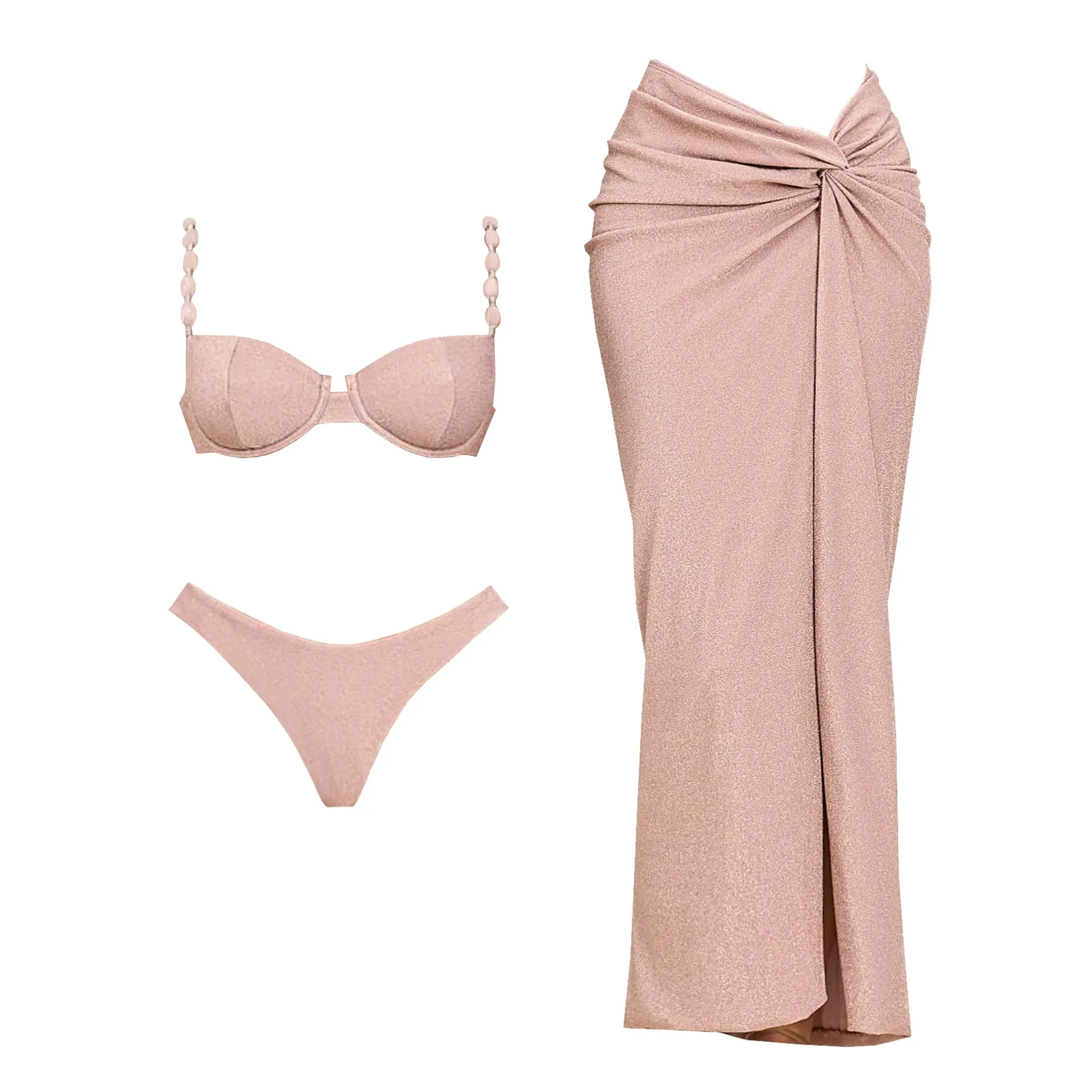 3Pcs Push Up Swimsuit With Long Skirt Sexy Women Swimwear Female Bikini V Neck Swimming Suit Shiny Bodysuit Beachwear Cover Up