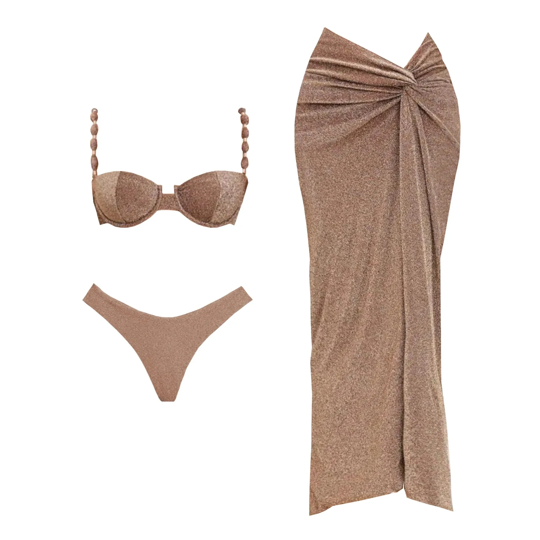 3Pcs Push Up Swimsuit With Long Skirt Sexy Women Swimwear Female Bikini V Neck Swimming Suit Shiny Bodysuit Beachwear Cover Up