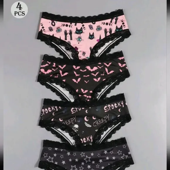 4pcs Sexy Cute Gothic Women Contrast Lace Hipsters, Halloween