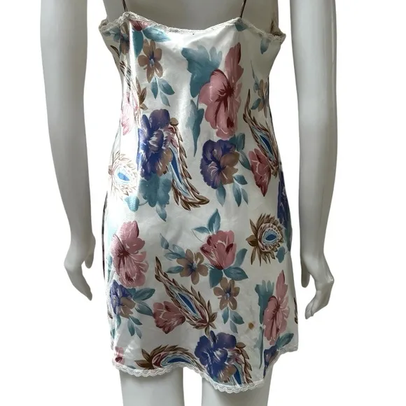 90's Floral Lace Liquid Satin Chemis Slip Dress Coquette Girl Rare Vintage Sz M