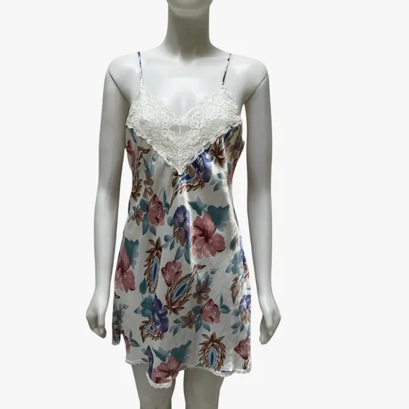 90's Floral Lace Liquid Satin Chemis Slip Dress Coquette Girl Rare Vintage Sz M