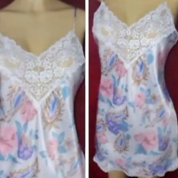 90's Floral Lace Liquid Satin Chemis Slip Dress Coquette Girl Rare Vintage Sz M