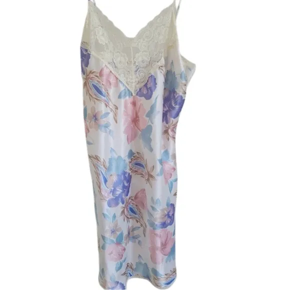 90's Floral Lace Liquid Satin Chemis Slip Dress Coquette Girl Rare Vintage Sz M