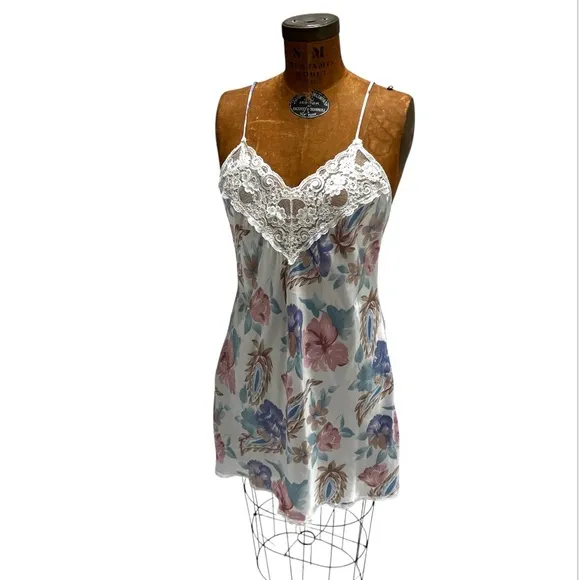 90's Floral Lace Liquid Satin Chemis Slip Dress Coquette Girl Rare Vintage Sz M