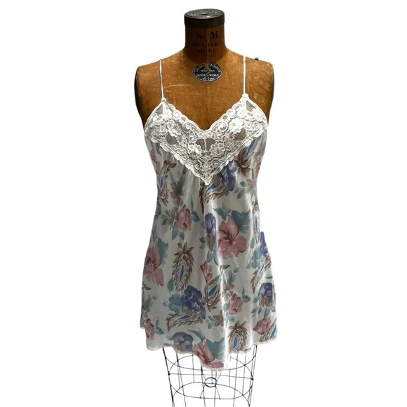 90's Floral Lace Liquid Satin Chemis Slip Dress Coquette Girl Rare Vintage Sz M