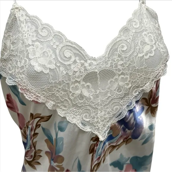 90's Floral Lace Liquid Satin Chemis Slip Dress Coquette Girl Rare Vintage Sz M