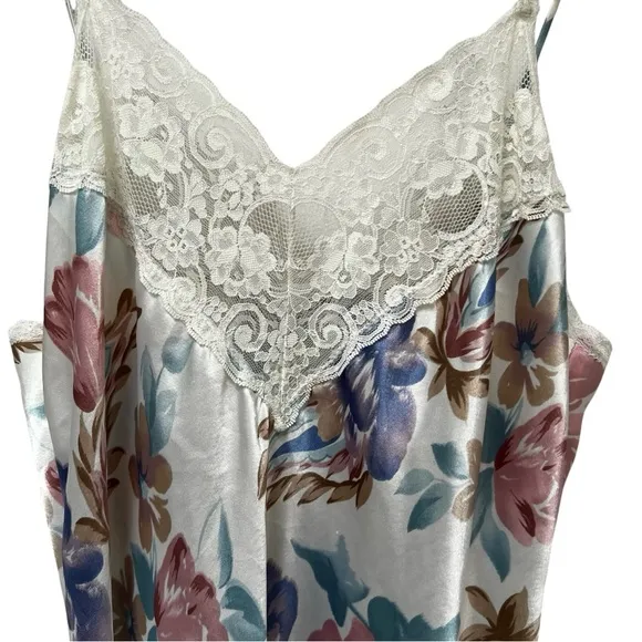 90's Floral Lace Liquid Satin Chemis Slip Dress Coquette Girl Rare Vintage Sz M