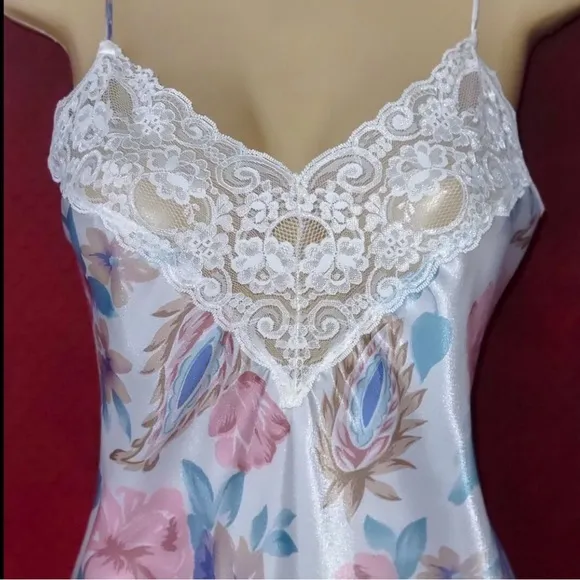 90's Floral Lace Liquid Satin Chemis Slip Dress Coquette Girl Rare Vintage Sz M