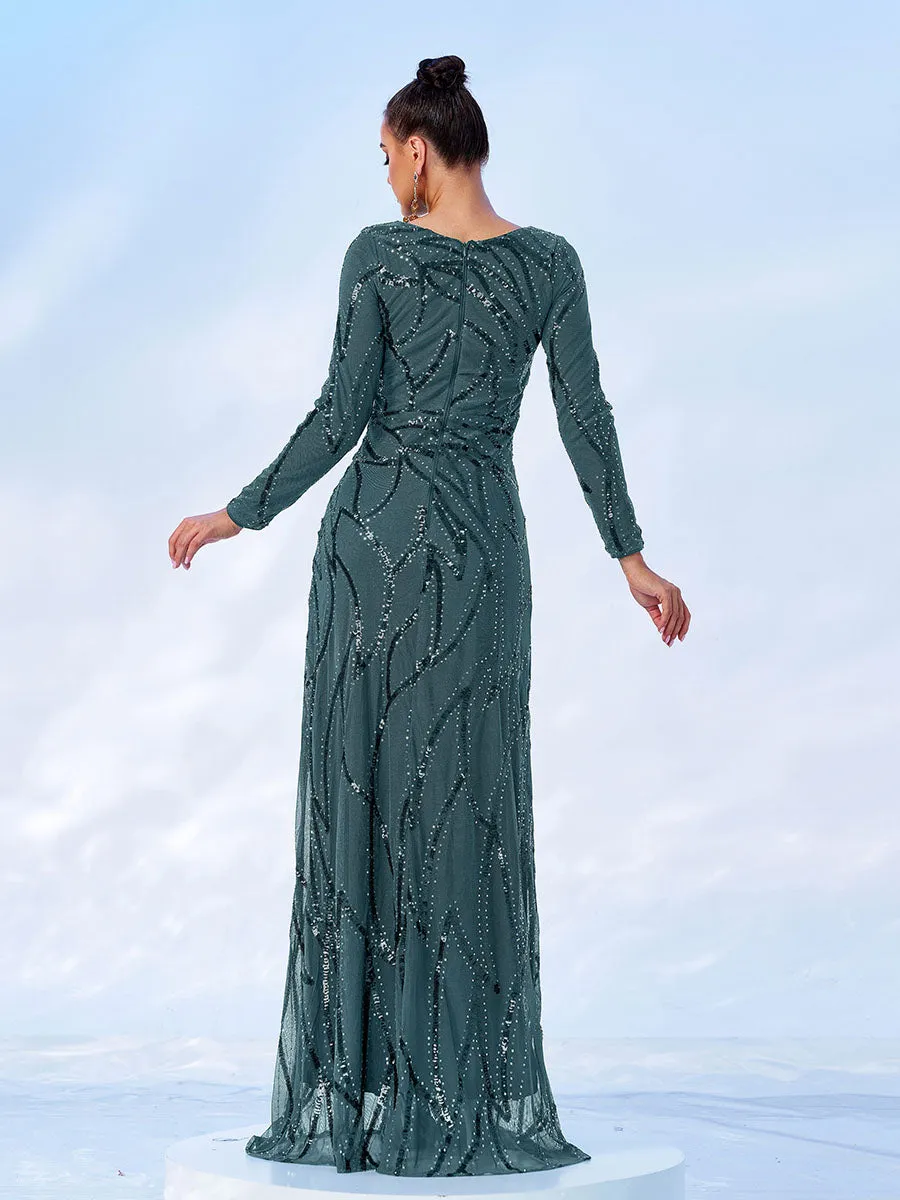 A-Line Long Sleeve Sequin Black Dress XJ1962