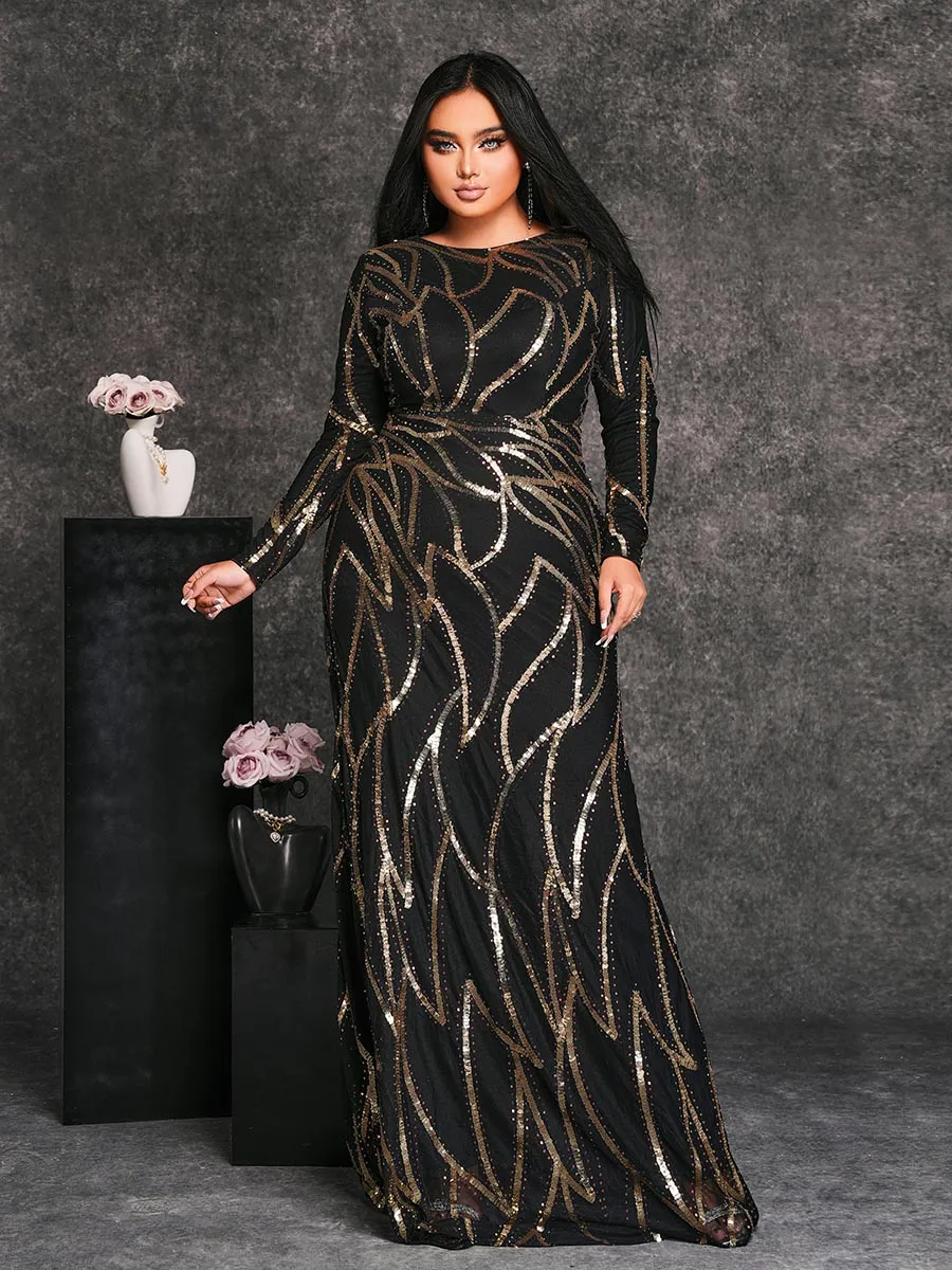 A-Line Long Sleeve Sequin Black Dress XJ1962