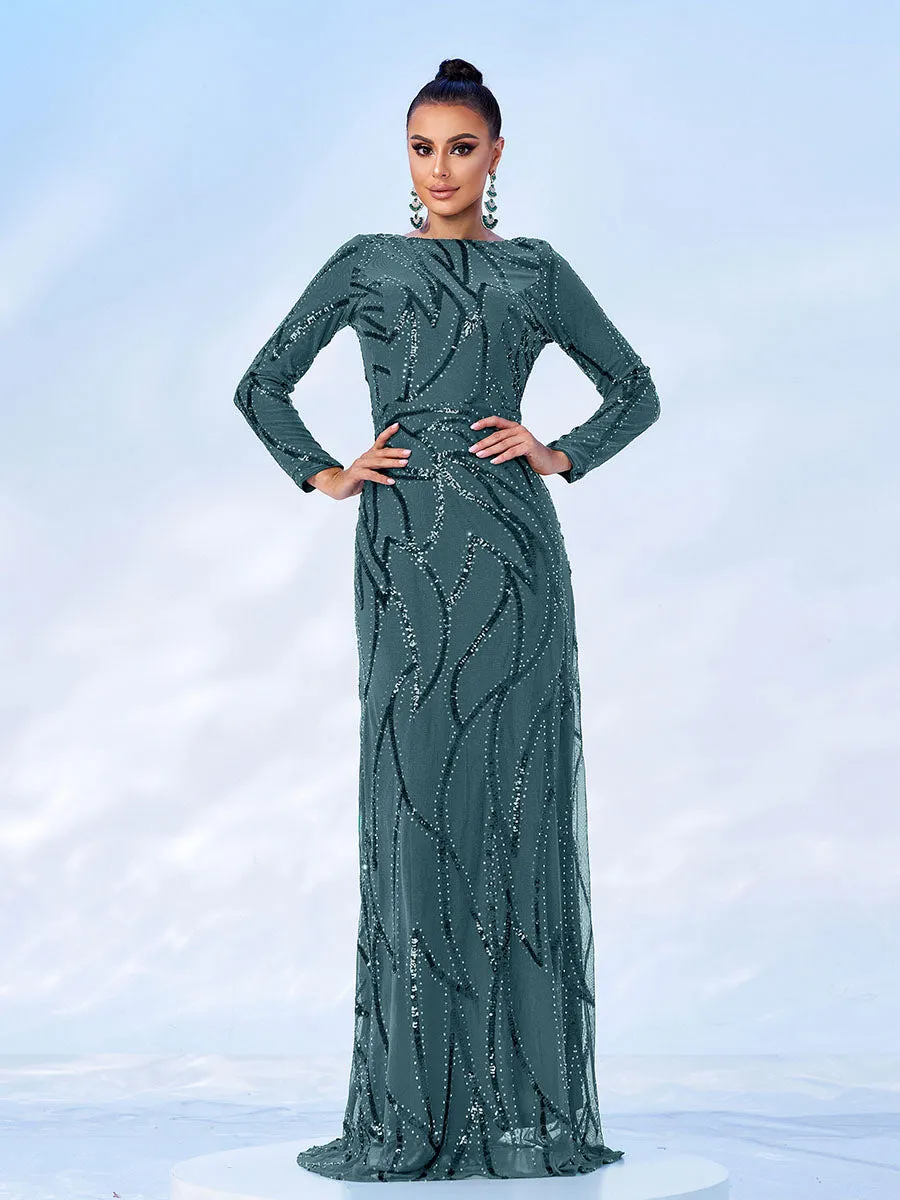 A-Line Long Sleeve Sequin Black Dress XJ1962