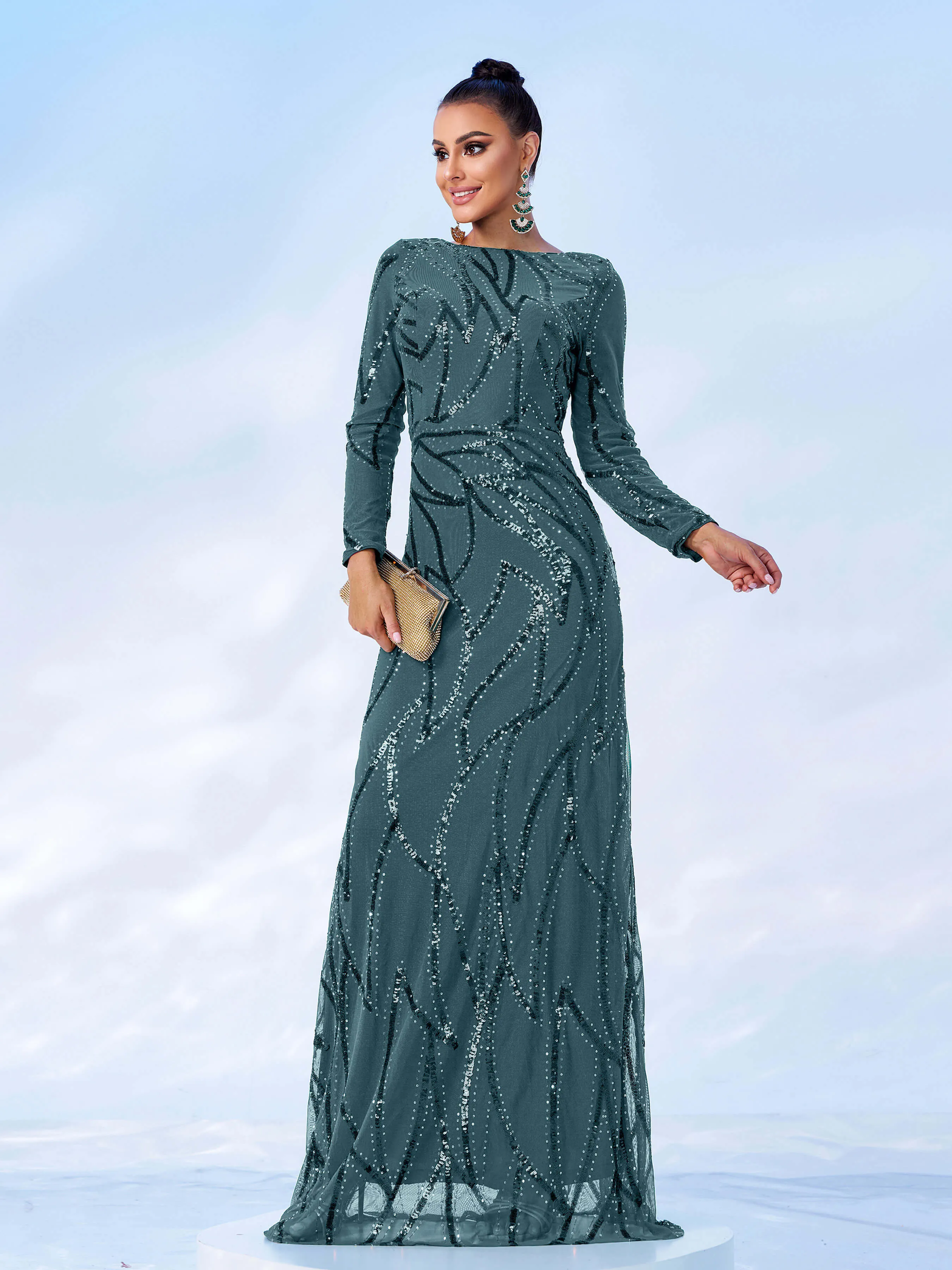 A-Line Long Sleeve Sequin Black Dress XJ1962