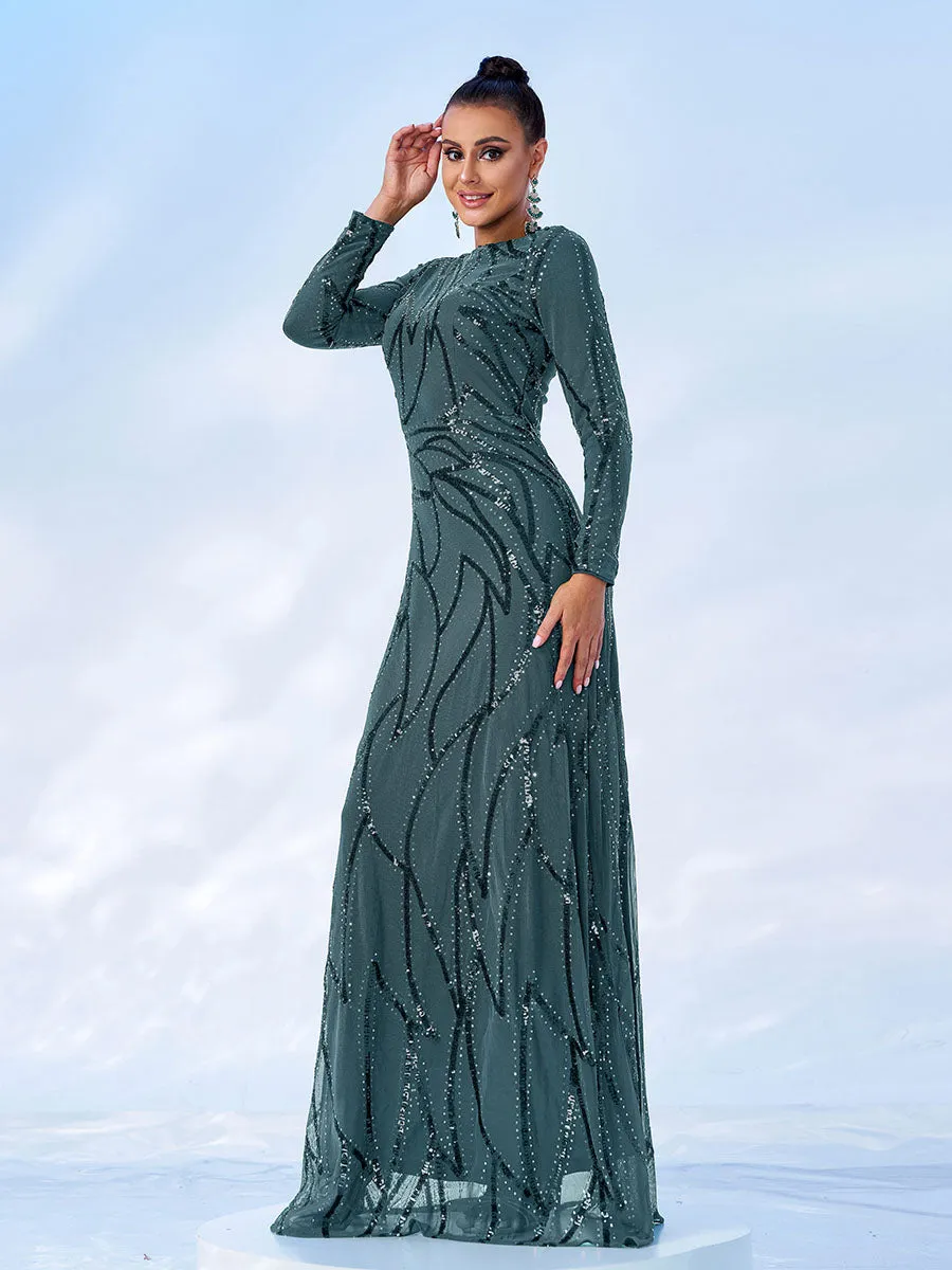 A-Line Long Sleeve Sequin Black Dress XJ1962