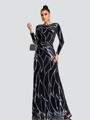A-Line Long Sleeve Sequin Black Dress XJ1962