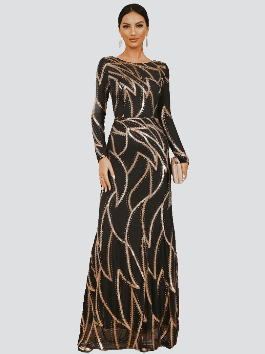 A-Line Long Sleeve Sequin Black Dress XJ1962