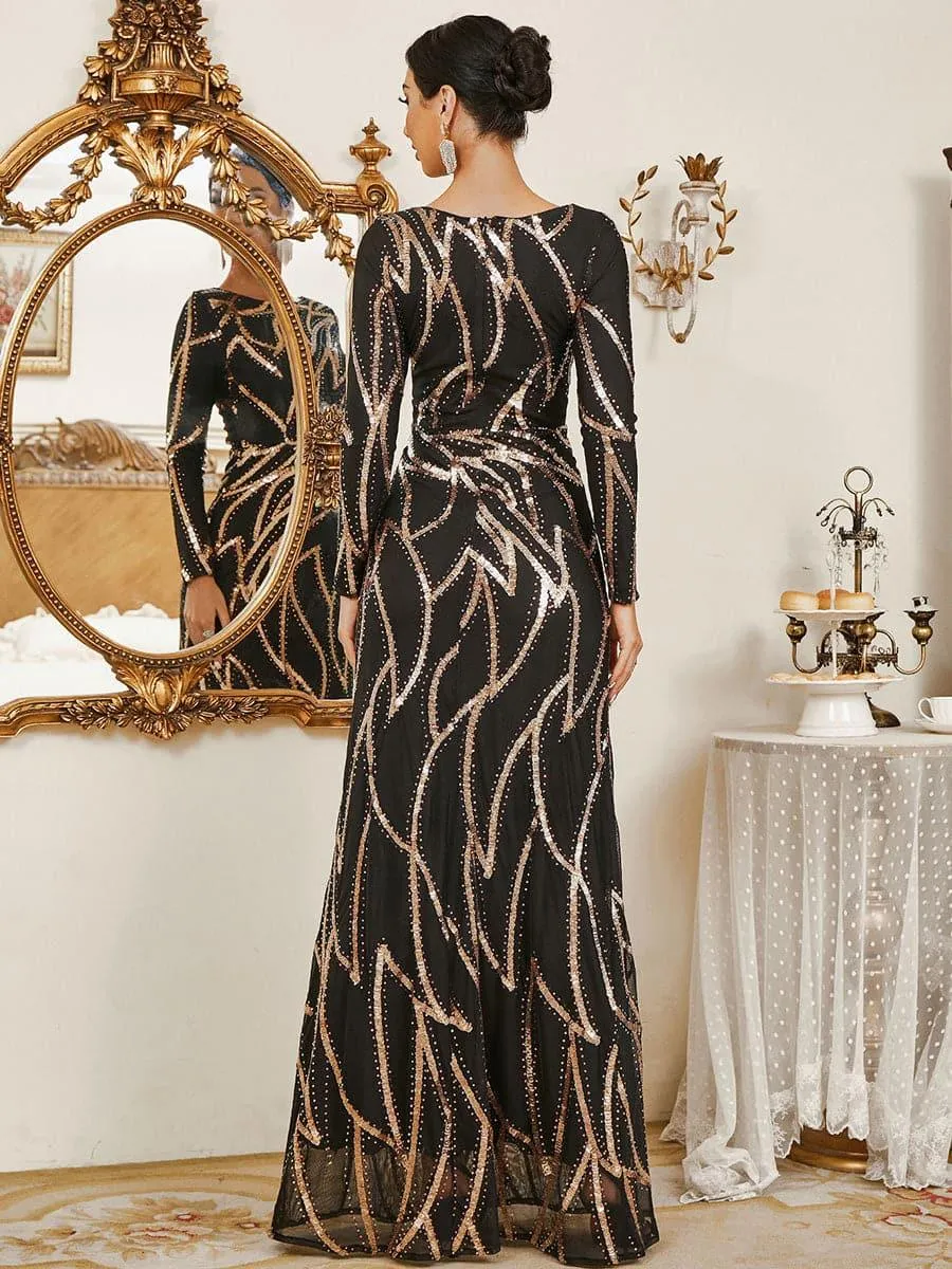 A-Line Long Sleeve Sequin Black Dress XJ1962