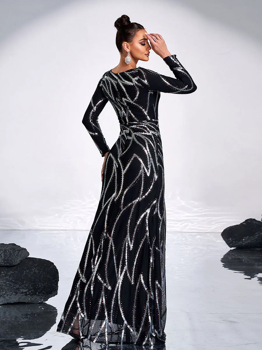 A-Line Long Sleeve Sequin Black Dress XJ1962