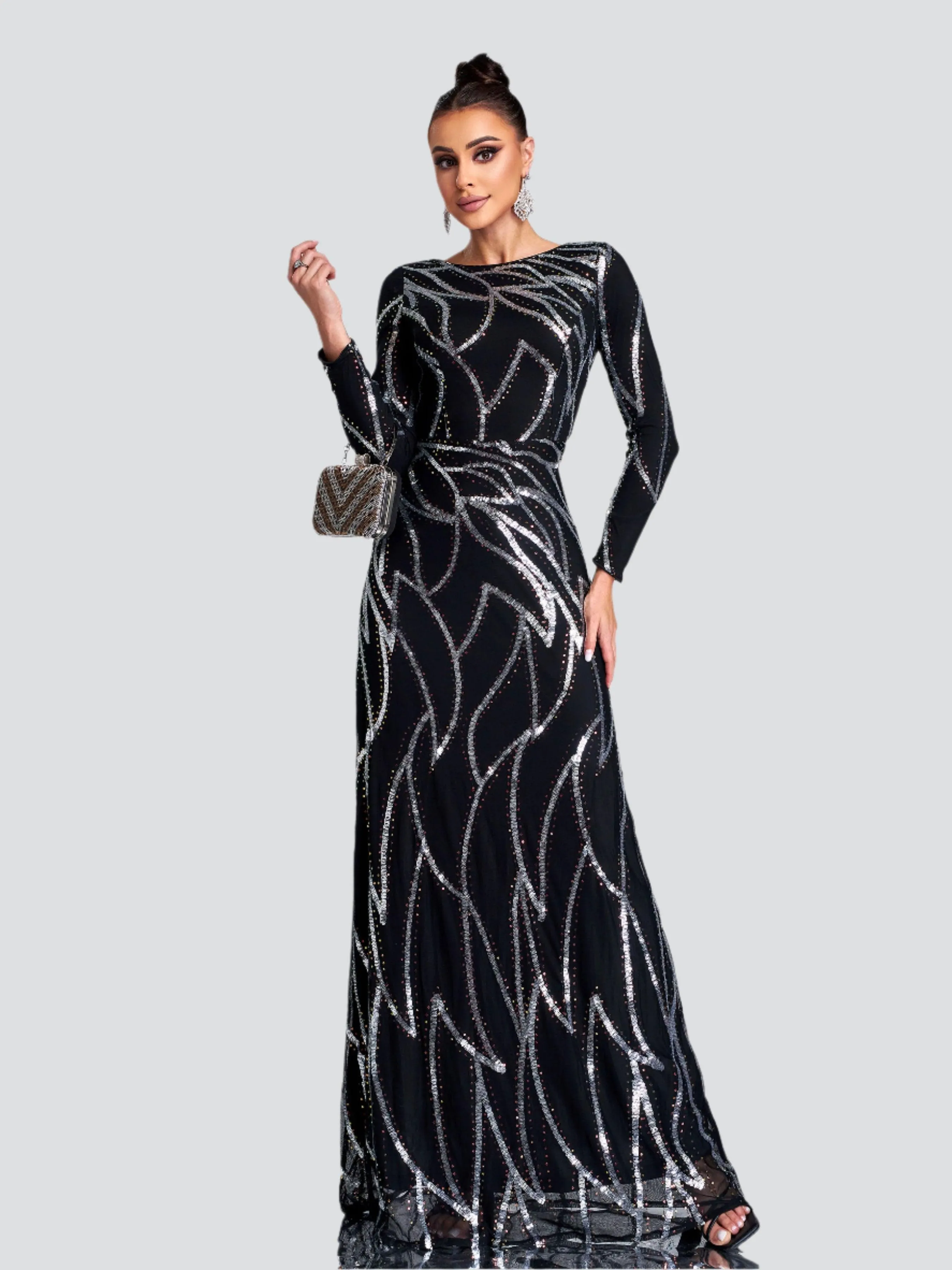 A-Line Long Sleeve Sequin Black Dress XJ1962