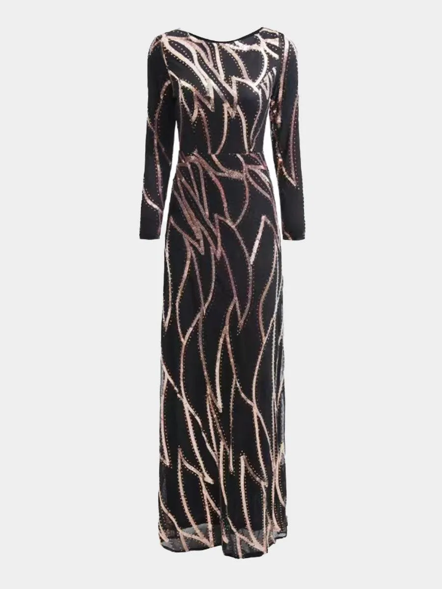 A-Line Long Sleeve Sequin Black Dress XJ1962