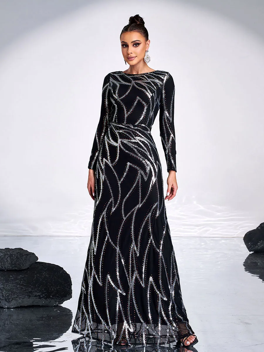 A-Line Long Sleeve Sequin Black Dress XJ1962