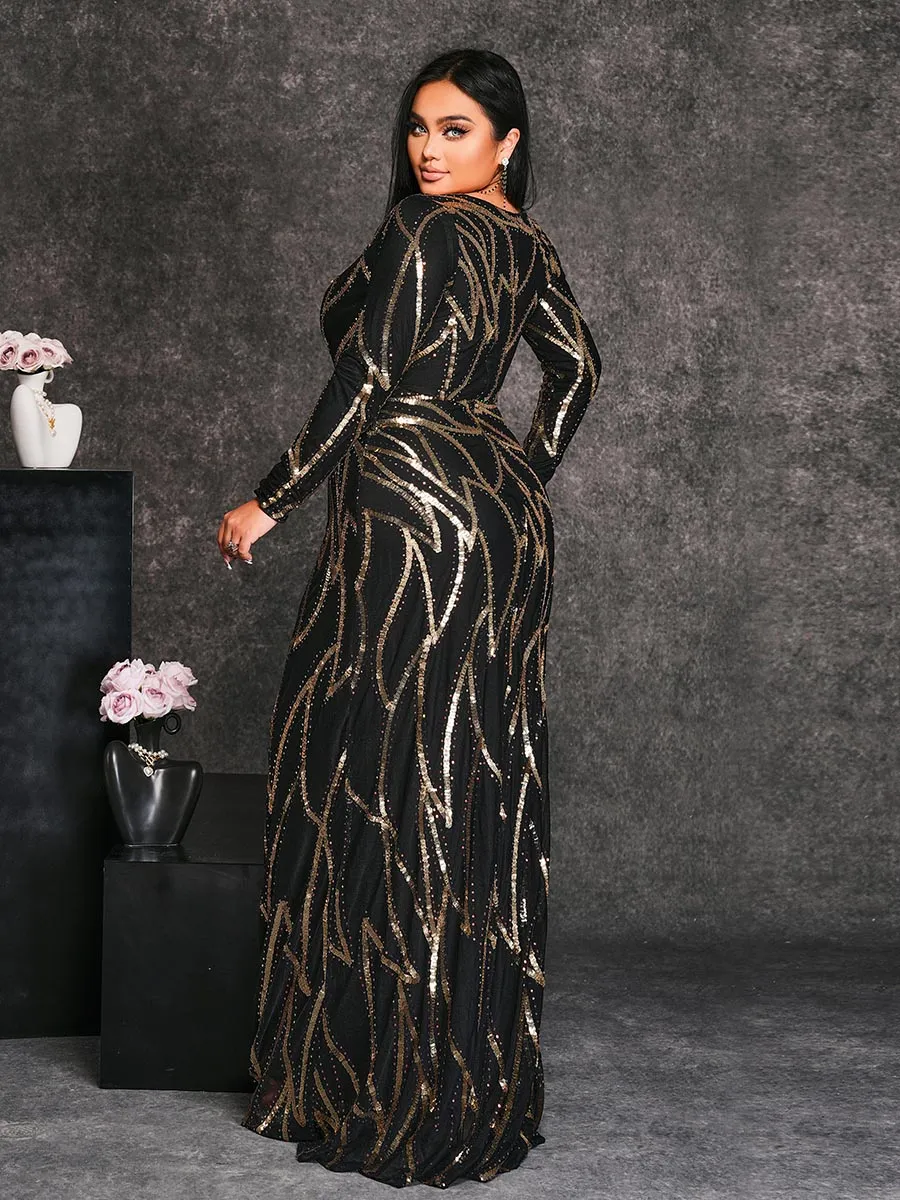 A-Line Long Sleeve Sequin Black Dress XJ1962