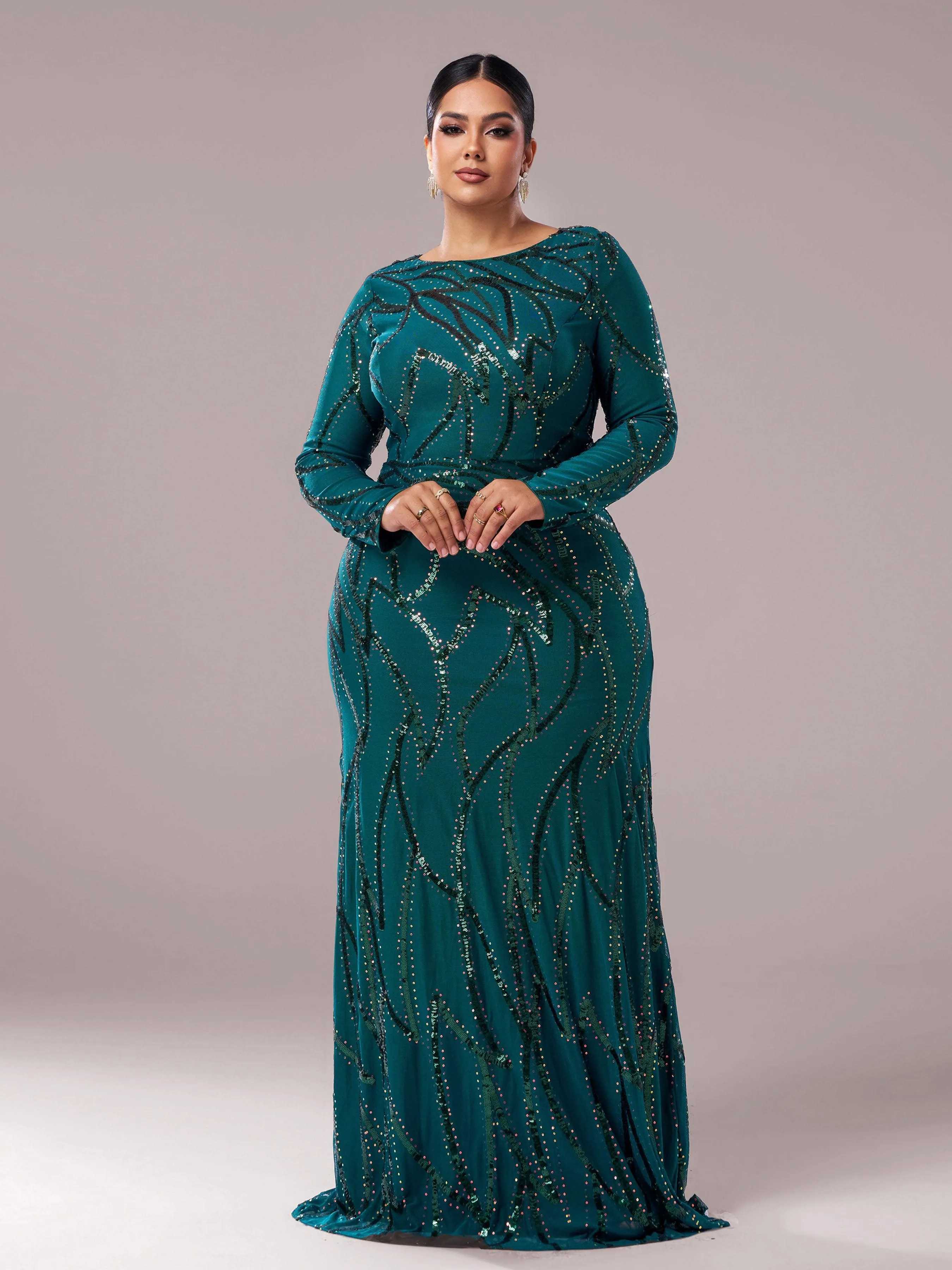 A-Line Long Sleeve Sequin Black Dress XJ1962