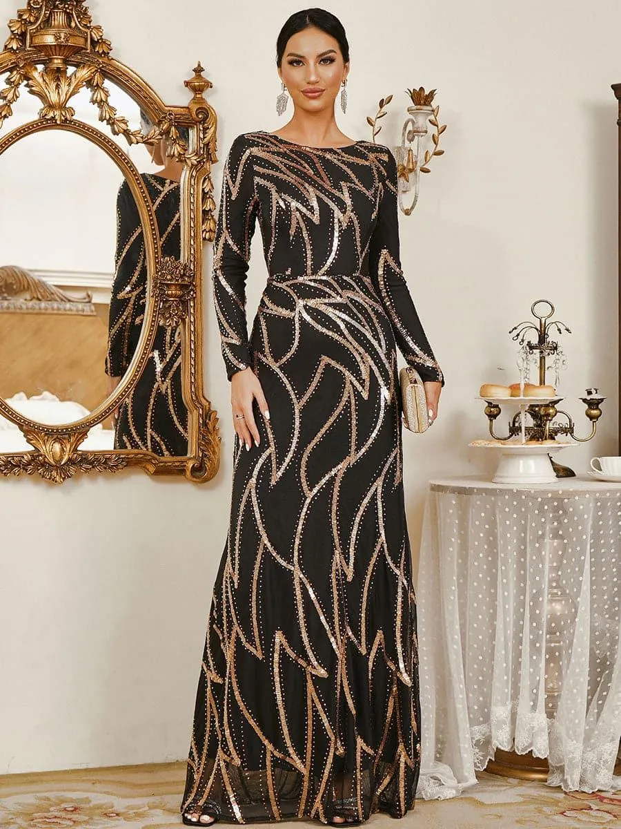 A-Line Long Sleeve Sequin Black Dress XJ1962