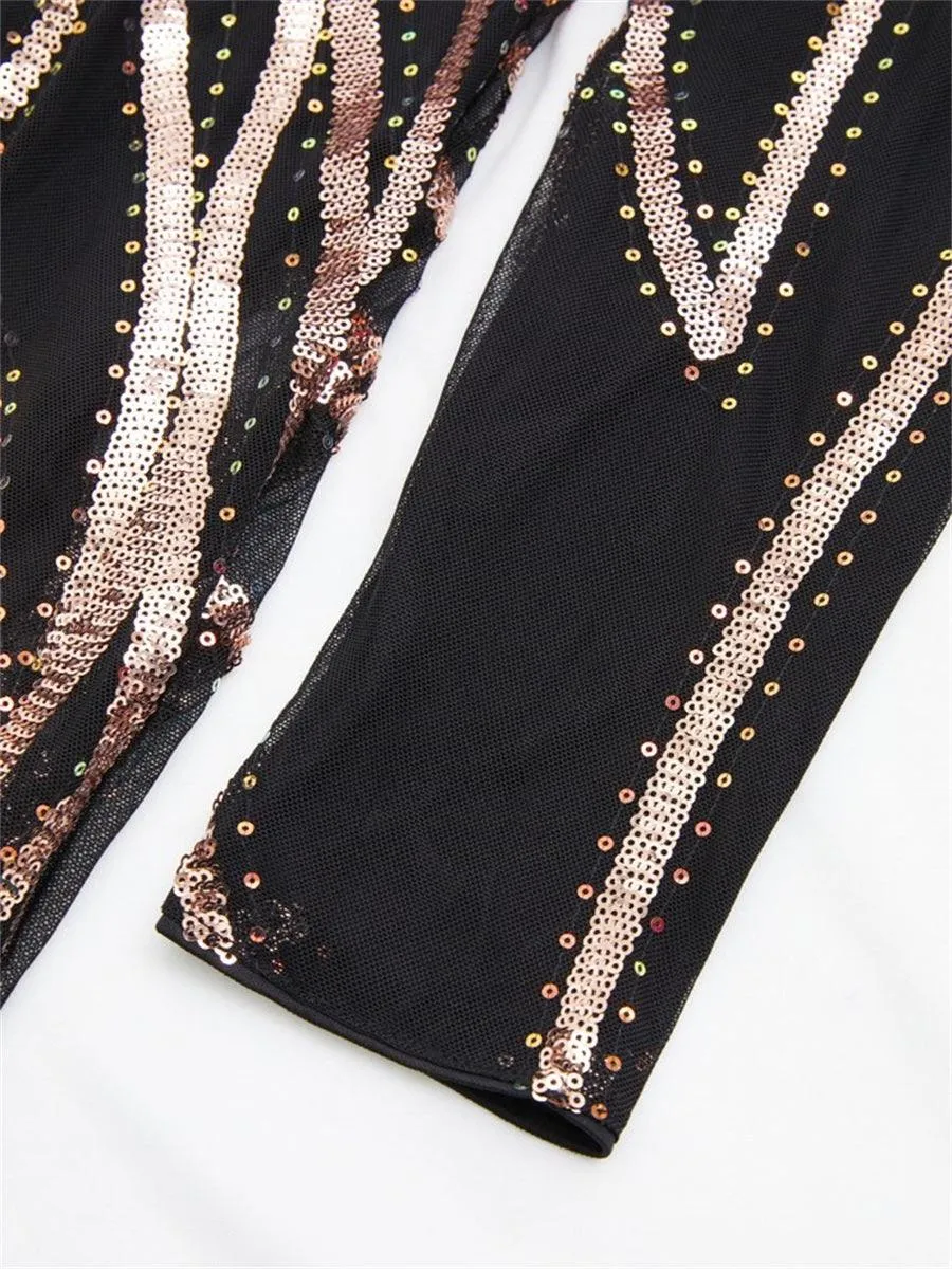 A-Line Long Sleeve Sequin Black Dress XJ1962