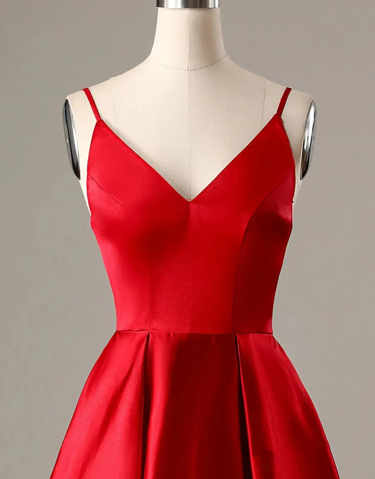 A-Line Spaghetti Straps V Neck Red Satin Homecoming Dress, Pockets