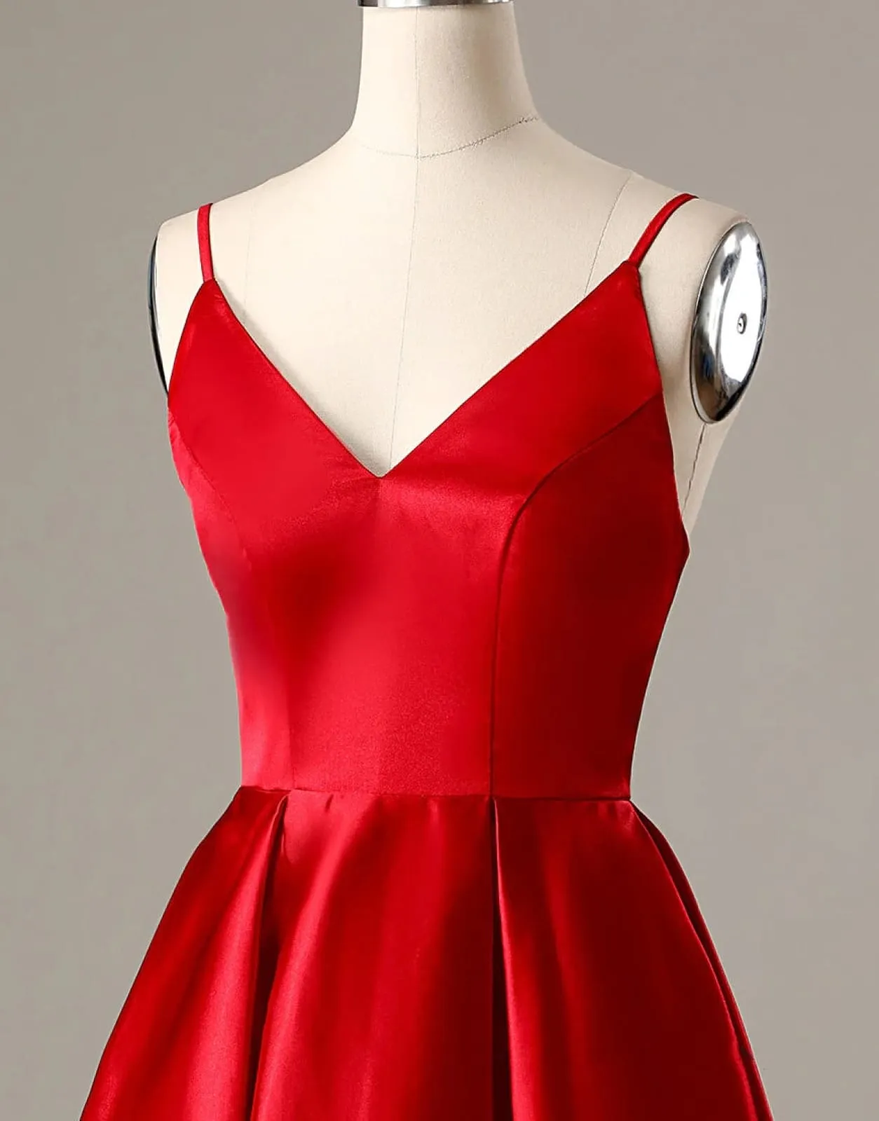 A-Line Spaghetti Straps V Neck Red Satin Homecoming Dress, Pockets