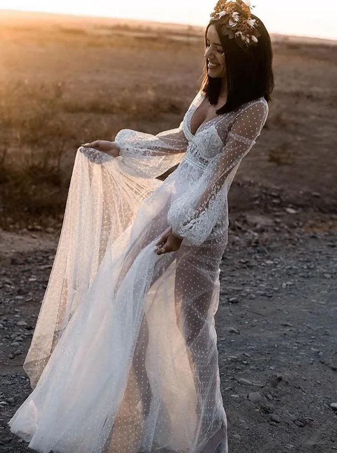 A-Line V-Neck Long Sleeves Beach Wedding Dress with Appliques TN148