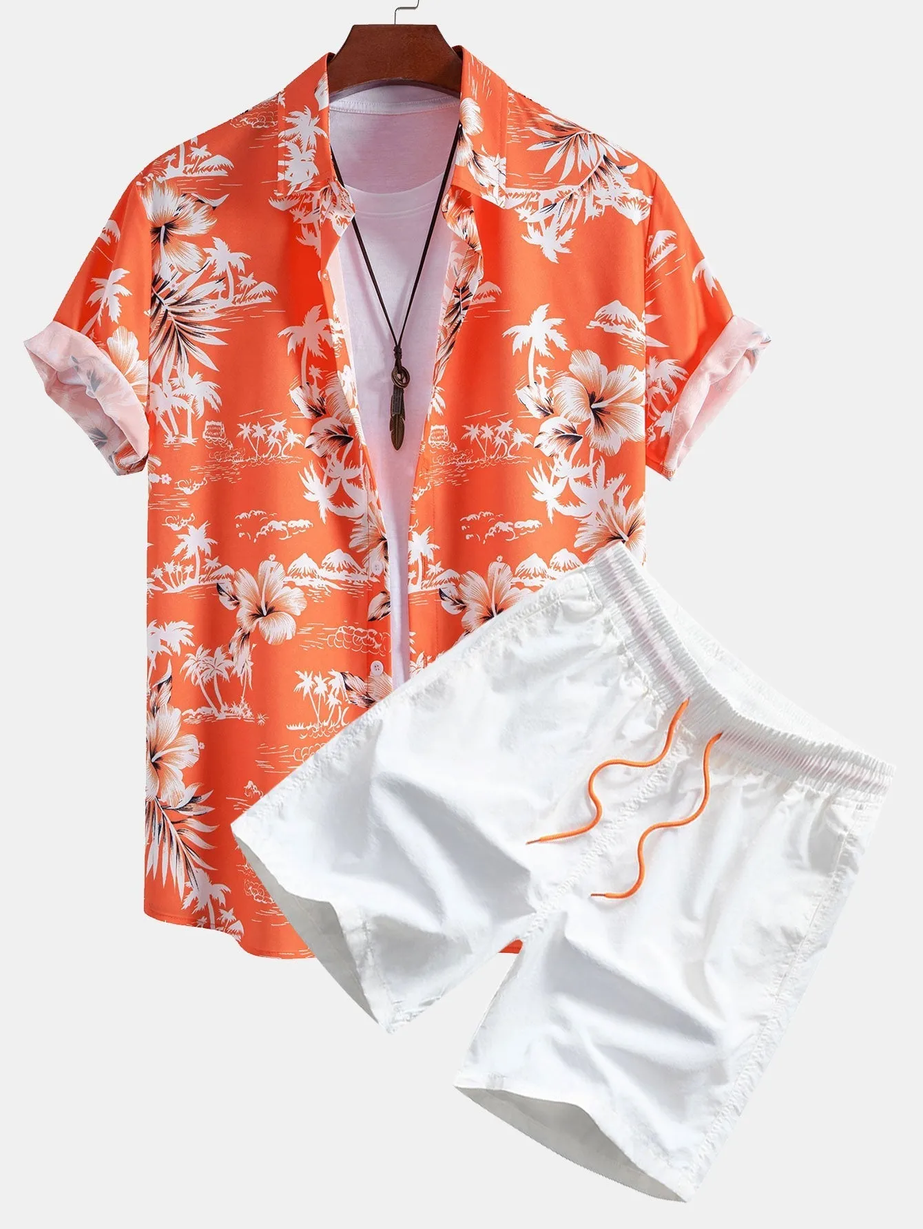 Agaton® | Palm Tree Tropical Flora Print Button Up Shirt & Man Mid Length Drawstring Swim Shorts
