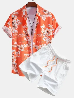 Agaton® | Palm Tree Tropical Flora Print Button Up Shirt & Man Mid Length Drawstring Swim Shorts