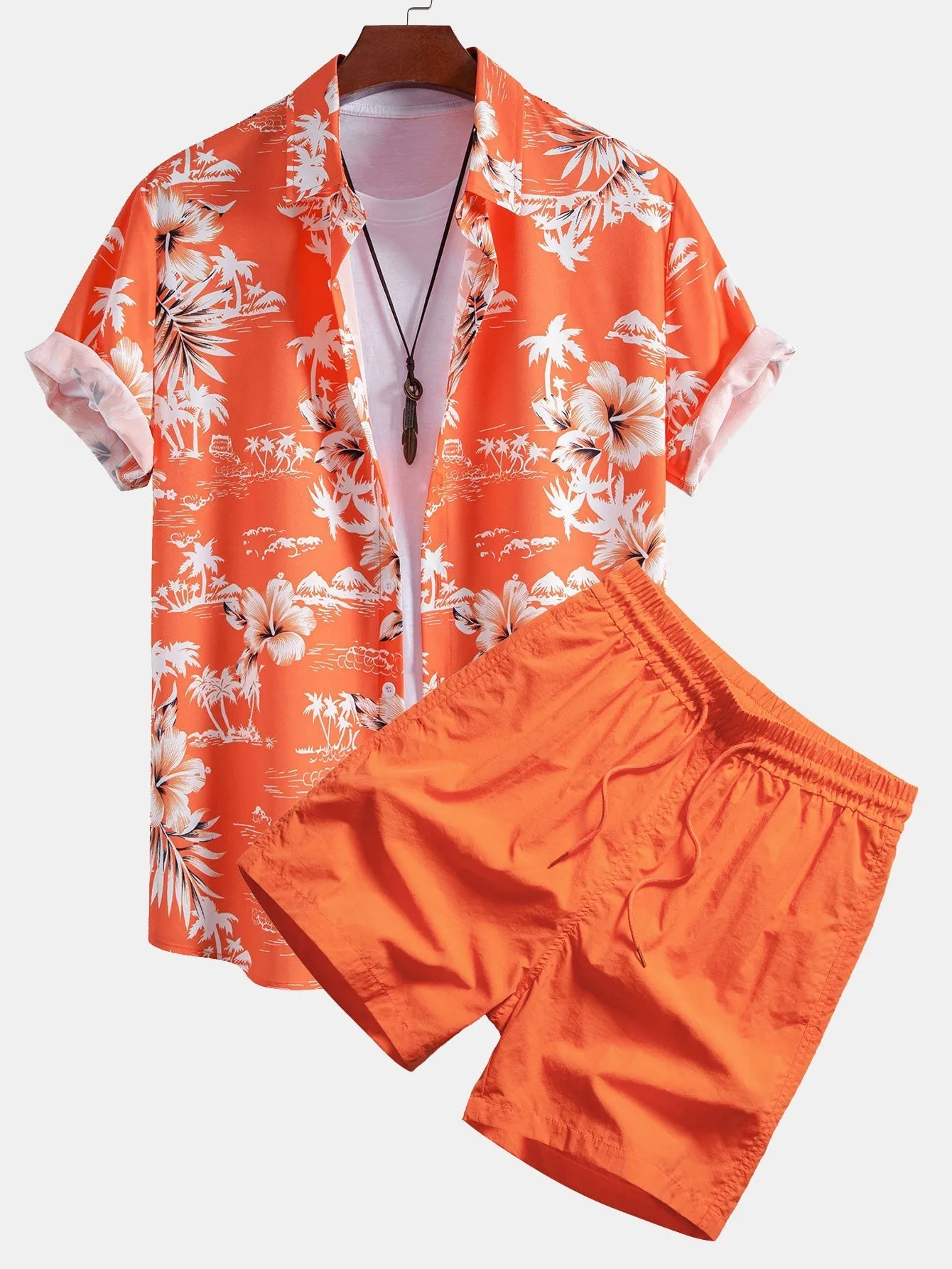 Agaton® | Palm Tree Tropical Flora Print Button Up Shirt & Man Mid Length Drawstring Swim Shorts