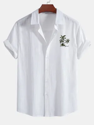 Amalbert® | Hawaii Palm Tree Print Linen Look Cotton Button Up Shirt