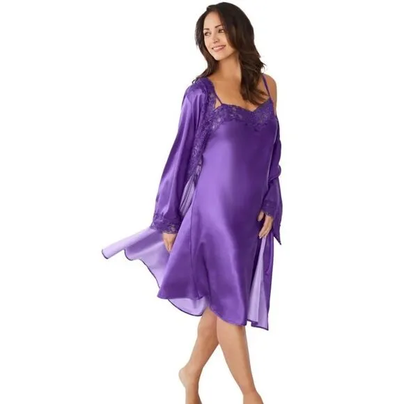 Amoureuse Plus Size The Luxe Satin Short Peignoir Set Plum Burst Purple Size 3X