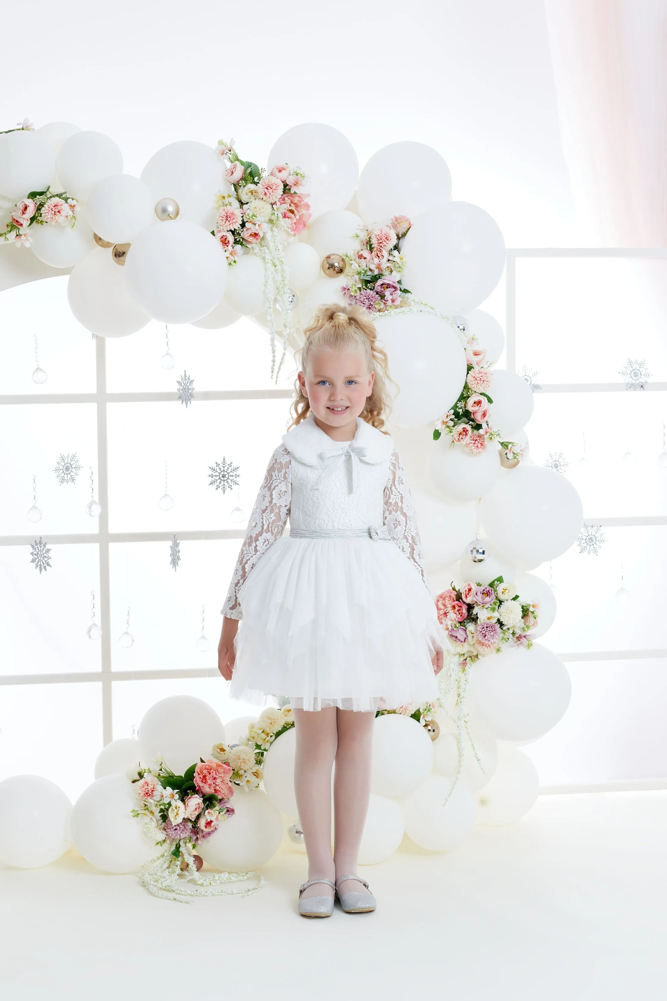 Anabel Girls White Party Dress with fur collar