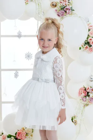 Anabel Girls White Party Dress with fur collar
