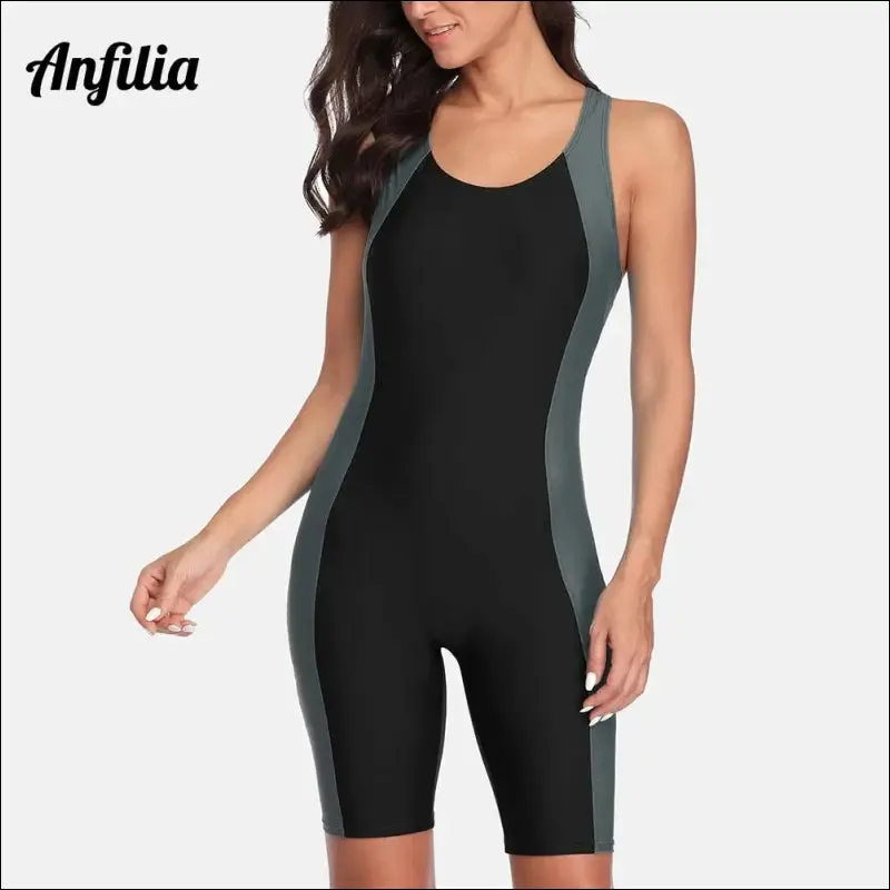 Anfilia one piece women pro sports swimwear boyleg knee-length sport swimsuit patchwork bikini