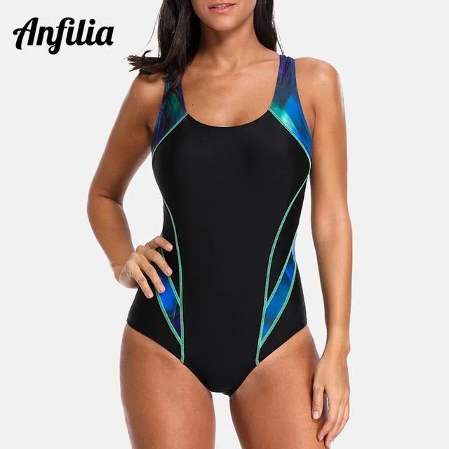 Anfilia Women One Piece Pro Sports Swimwear Sports Swimsuit Colorblock Monokini Beach Wear Bathing Suit Bikini