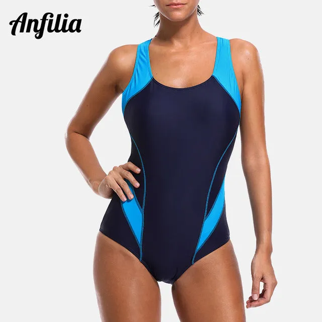 Anfilia Women One Piece Pro Sports Swimwear Sports Swimsuit Colorblock Monokini Beach Wear Bathing Suit Bikini