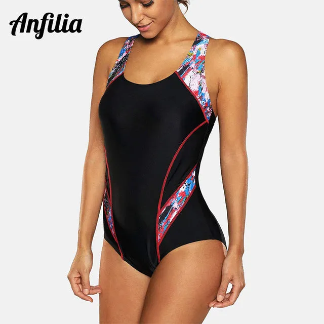 Anfilia Women One Piece Pro Sports Swimwear Sports Swimsuit Colorblock Monokini Beach Wear Bathing Suit Bikini