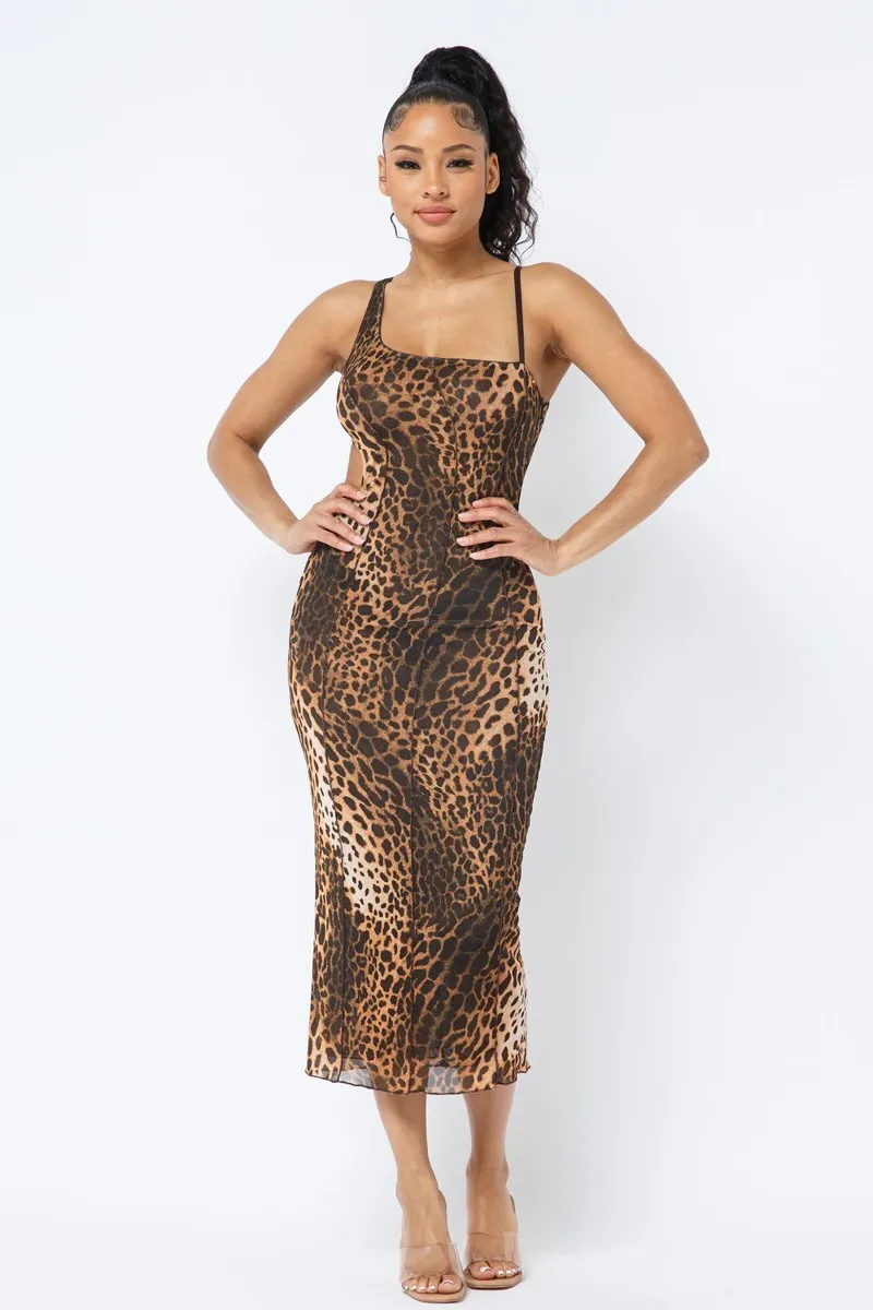Animal Print Waist Side Cut Outs Midi Dress