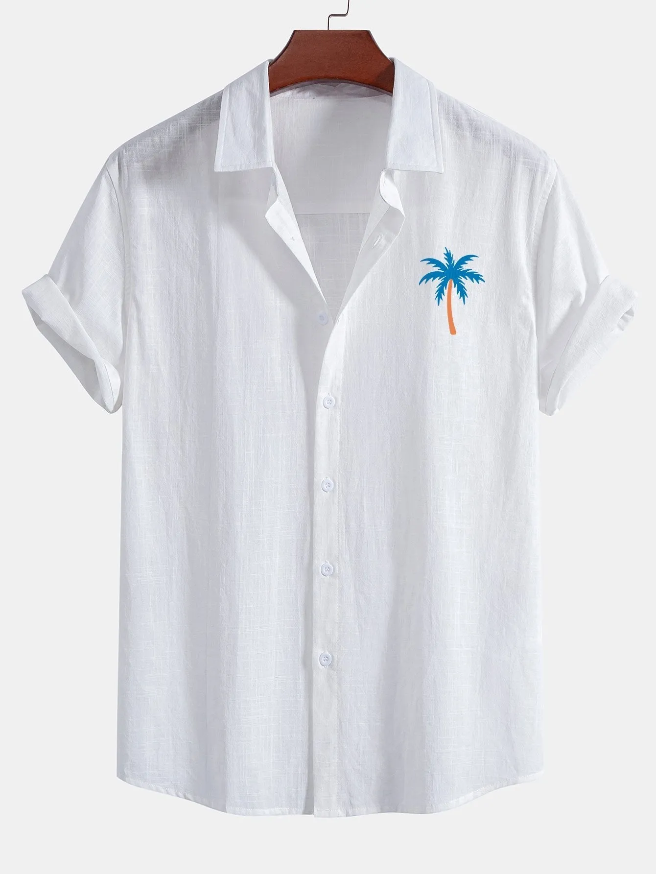 Annett® | Blue Palm Tree Print Linen Look Cotton Button Up Shirt