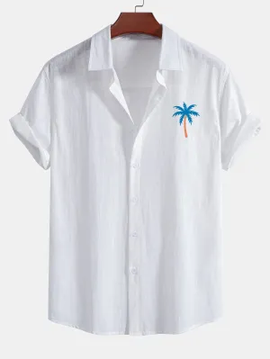 Annett® | Blue Palm Tree Print Linen Look Cotton Button Up Shirt